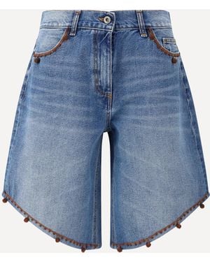 Ella Bermuda Shorts With Embroidered Edges And Pom Pom Detailing - Blue