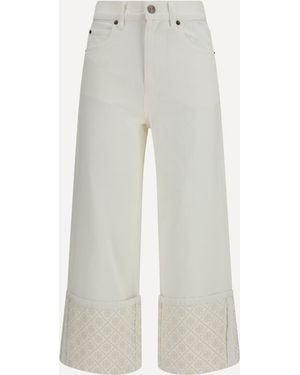Tory Burch T Monogram Contrast Cuff Straight-Leg Jeans - White