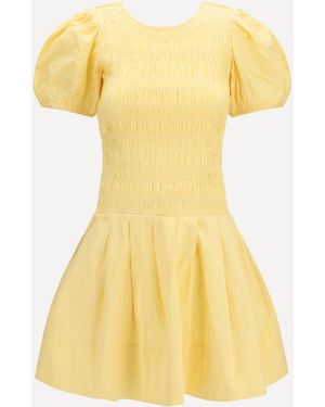 Ganni Stretch Cotton Mini Dress With Balloon Sleeves - Yellow