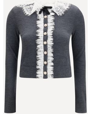 Self-Portrait Knit Cardigan With Lace Collar - Blue
