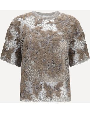 Brunello Cucinelli Crew-Neck Top With Floral Embroidery And Sequins - White