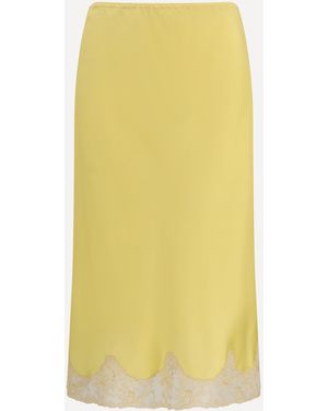 Saint Laurent Satin Midi Skirt With Lace Inserts - Yellow