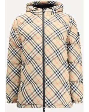 Burberry Hooded Check Down Jacket - Natural