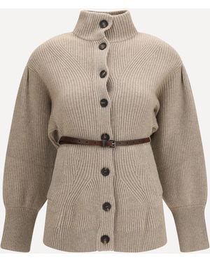 Brunello Cucinelli High Neck Cardigan With Belt - Natural