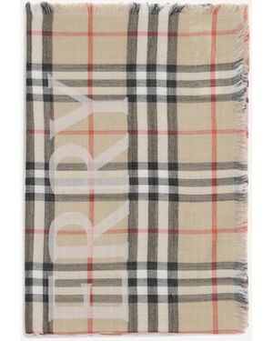 Burberry Wide Wool And Silk Check Scarf With Ekd - White