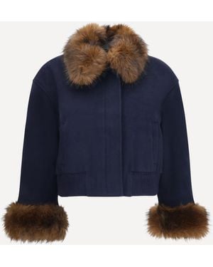 Self-Portrait Wool-Blend Jacket With Faux Fur Collar - Blue