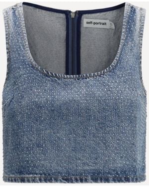 Self-Portrait Rhinestone Denim Crop Top - Blue