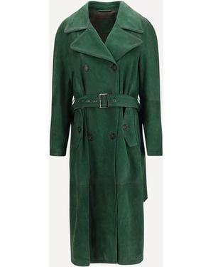 Valstar Vintage Effect Suede Double Breasted Trench Coat - Green