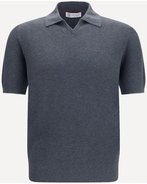 Brunello Cucinelli Cotton Ribbed Polo - Blue