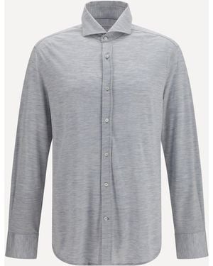 Brunello Cucinelli Silk And Cotton Jersey Shirt With Spread Collar - Grey