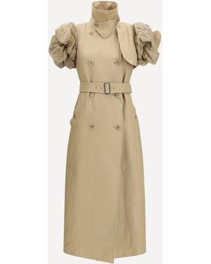 Max Mara Sleeveless Long Trench Coat With Organza Ruffles - Natural
