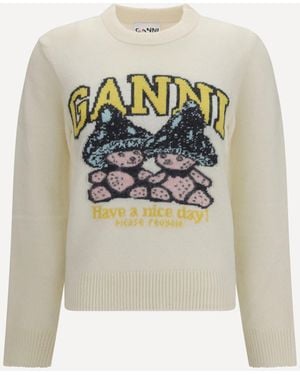 Ganni Mushroom Teddy Wool-Blend Sweater - White
