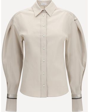 Brunello Cucinelli Stretch Cotton Poplin Shirt With Shiny Silk Cuffs - Natural