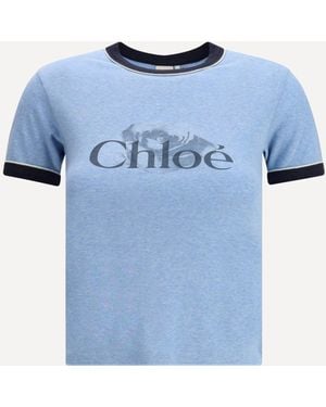 Chloé T-Shirt Con Logo Stampato - Blu