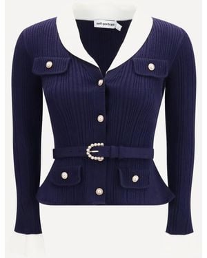Self-Portrait Ribbed Cardigan - Blue