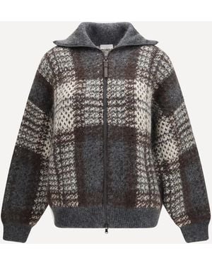 Brunello Cucinelli Checked Wool Zip Cardigan - Grey