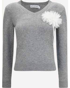 Self-Portrait Wool And Cashmere Blend Sweater With Floral Corsage - Gray