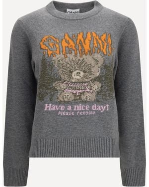 Ganni Teddy Wool Crewneck Sweater - Gray