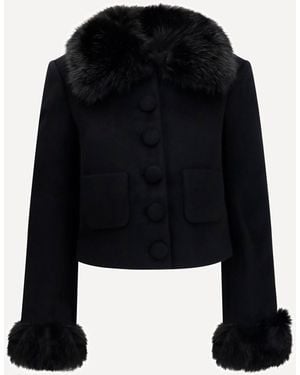 Self-Portrait Wool-Blend Jacket With Faux Fur Cuffs - Black