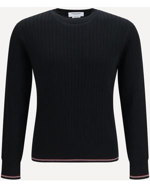 Thom Browne Crewneck Cotton Knit Sweater With 4-Bar Detail - Blue
