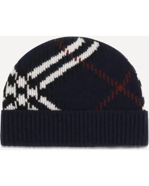 Burberry Check Cashmere-Blend Beanie - Blue