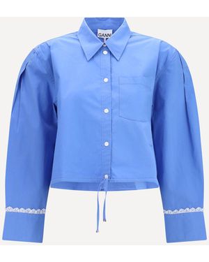 Ganni Cotton Shirt With Lace Details - Blue