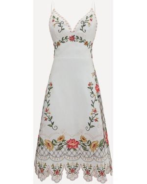 FARM Rio Embroidered Midi Dress With Asymmetrical Hem - White
