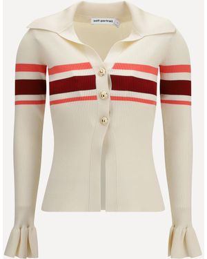 Self-Portrait Striped Viscose Knit Button Top - White