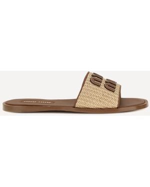 Miu Miu Raffia Slippers Sandals - Natural