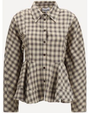 Ganni Check Flannel Peplum Shirt - Natural