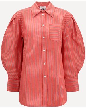 Ganni Striped Cotton Shirt With Balloon Sleeves - Red
