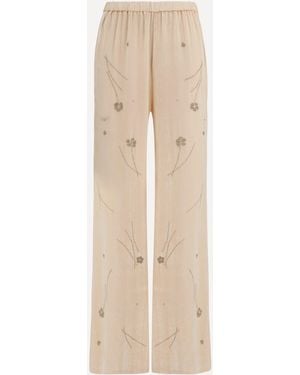 forte_forte Forte_Forte Fleurs D'Orient Embroidered Crushed Velvet Trousers - Natural