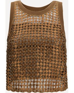 Brunello Cucinelli Perforated Silk And Linen Top With Sequins - Brown