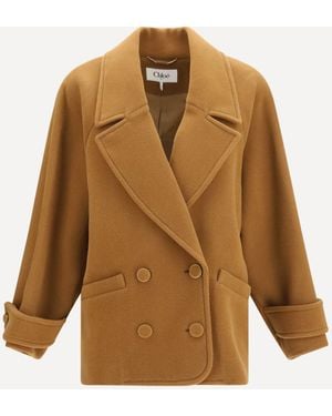 Chloé Double-Breasted Herringbone Wool Short Coat - Natural