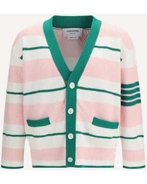 Thom Browne Classic Stripe Seed Stitch V Neck Cardigan - White