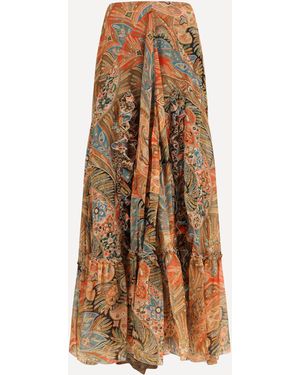 Etro Silk Long Skirt With Flounce And Paisley Motif - Natural