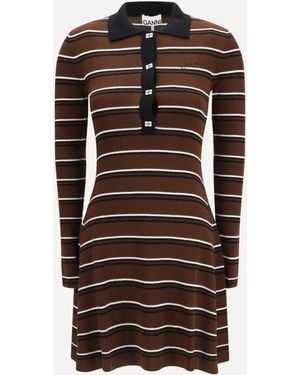 Ganni Striped Wool Polo Dress - Brown