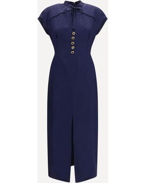 Alessandra Rich Silk Midi Dress With Buttons And Contrast Piping - Blue