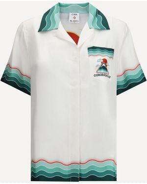 CASABLANCA Silk Cuban Collar Short Sleeve Shirt - Blue