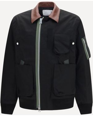 Sacai Cotton Bomber Jacket With Leather Details - Black