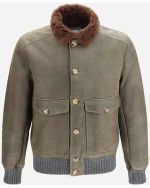 Brunello Cucinelli Waxed Shearling Jacket With Shearling Collar - Green