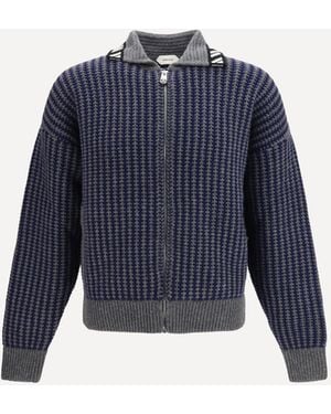 Versace Intarsia Wool Knit Zip Cardigan - Blue