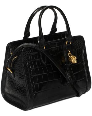 McQueen Stamped Crocodile Leather Small Padlock Zip Around - Black