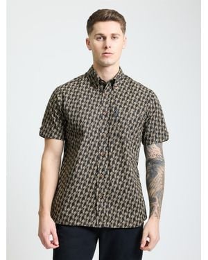 Ben Sherman Short Sleeve Block Leaf Print Shirt In Black - Multicolour