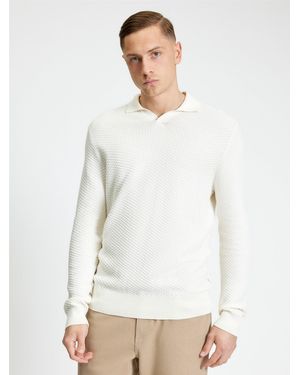 Ben Sherman Long Sleeve Textured Open Neck Knitted Polo In Ivory - White