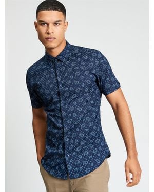 Ben Sherman Short Sleeve Floral Geo Print Shirt In Dark Navy - Blue