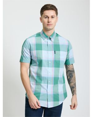 Ben Sherman Short Sleeve Multi Colour Overcheck Shirt In Forest - Blue