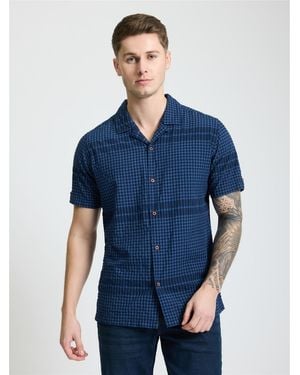 Ben Sherman Short Sleeve Seersucker Gingham Shirt In Dark Navy - Blue