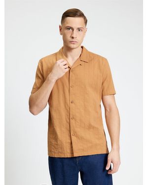 Ben Sherman Short Sleeve Seersucker Texture Shirt In Fawn - Blue
