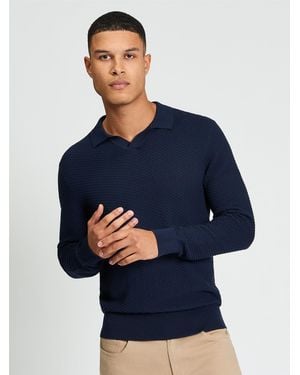 Ben Sherman Long Sleeve Textured Open Neck Knitted Polo In - Blue